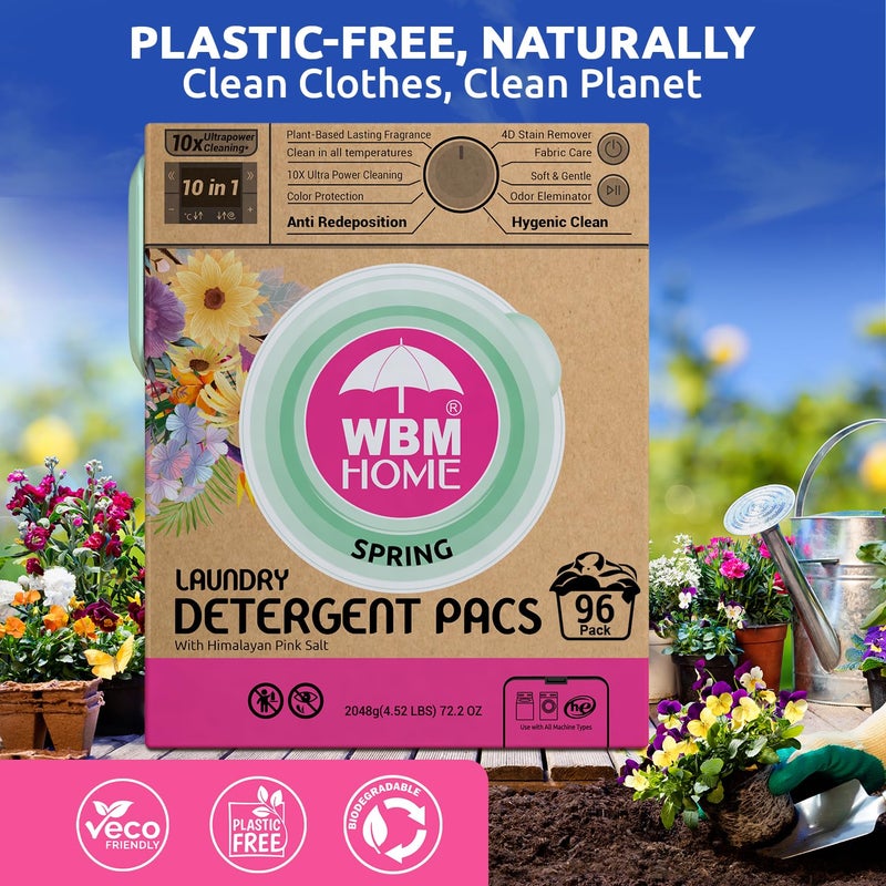 WBM Home Laundry Detergent Pods, Spring Fragrance Scent, 96 Count - HE Concentrated Laundry Pods With 10x Ultrapower Cleaning and 4D Laundry Stain Remover - Image 3